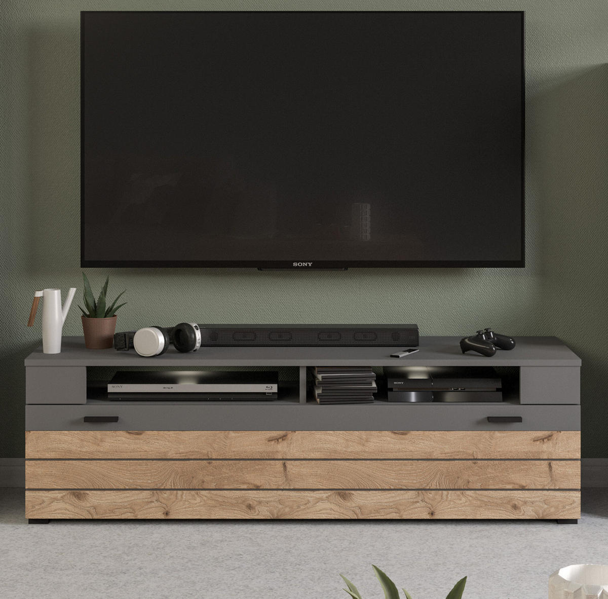 TV-LOWBOARD Eiche, grau matt 140 cm, TV Unterteil mit 4 Fächern - Eichefarben/Dunkelgrau, Holzwerkstoff/Kunststoff (140/43/40cm) - Inn.Furn