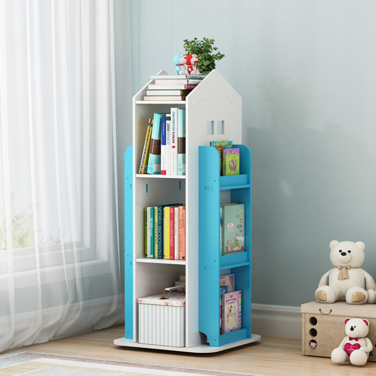 KINDERBÜCHERREGAL Drehbar Hausform WPC Weiß Blau - Blau/Weiß, Holzwerkstoff (41/96/41cm) - Livingandhome