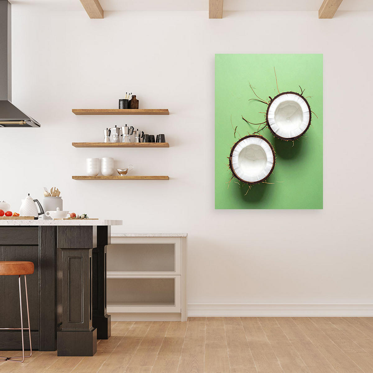 LEINWANDBILDER, Zwei Kokosnusshälften auf pastellgrünem Hintergrund - Grün, Textil (40/60cm) - Feeby