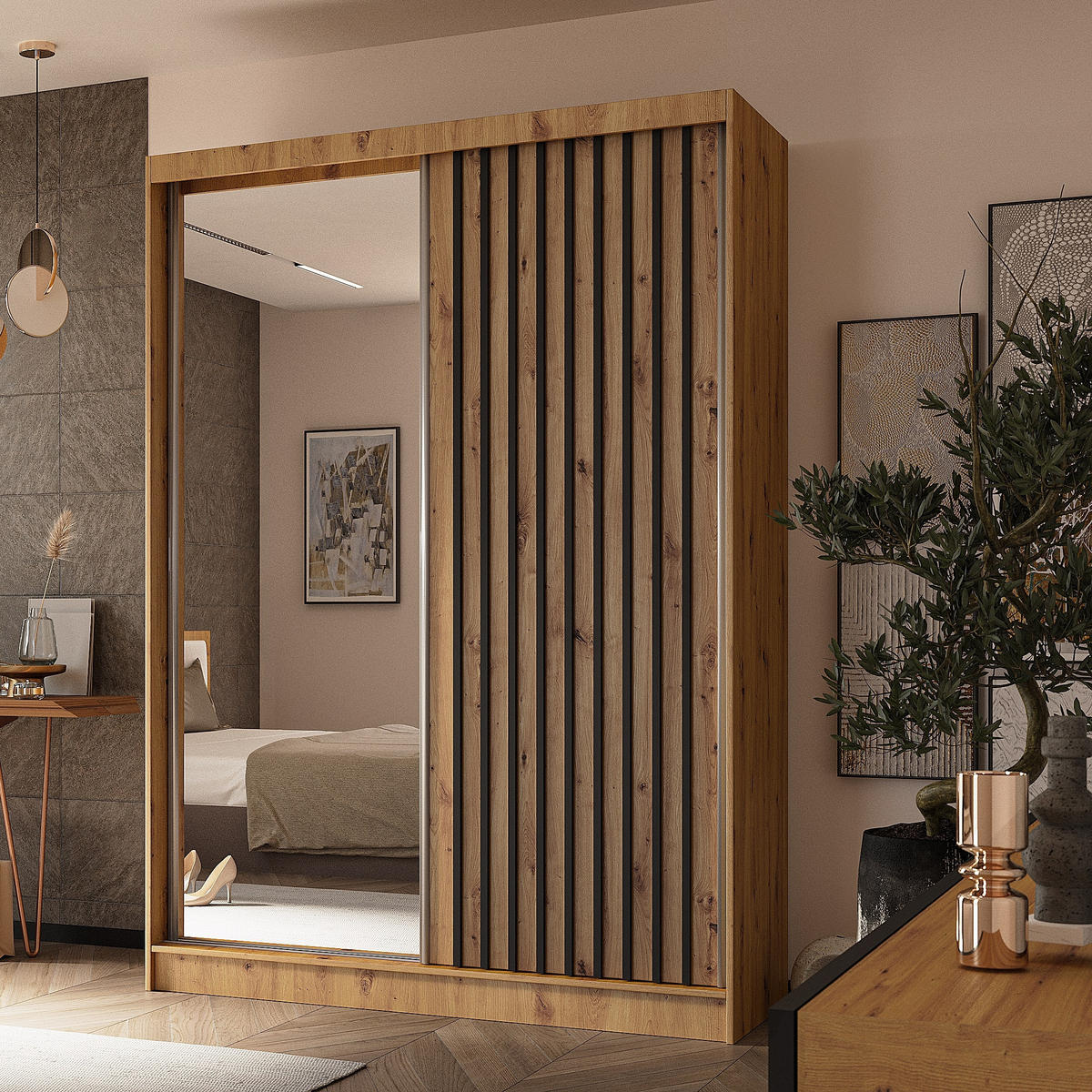 SCHWEBETÜRENSCHRANK LAMELLO 150/216/61 cm 2-türig mit Spiegel Eiche Artisan - Eiche Artisan, Holzwerkstoff (150/216/61cm) - MASSENO