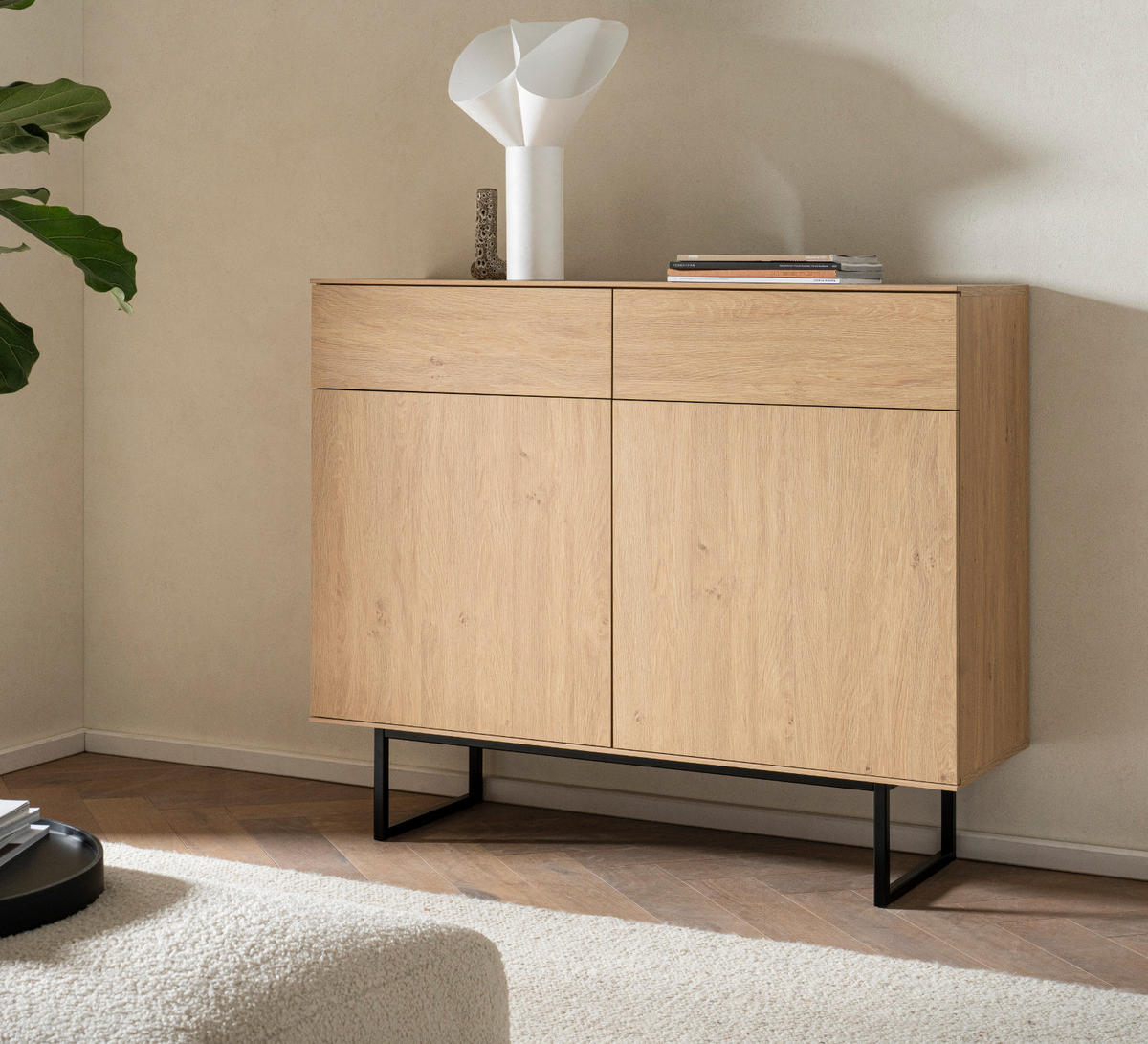 SIDEBOARD Stone Eiche, Kommode 115 x 98 cm, mit Push-to-Open - Eichefarben/Schwarz, Holzwerkstoff/Metall (115/98/40cm) - Furn.Design