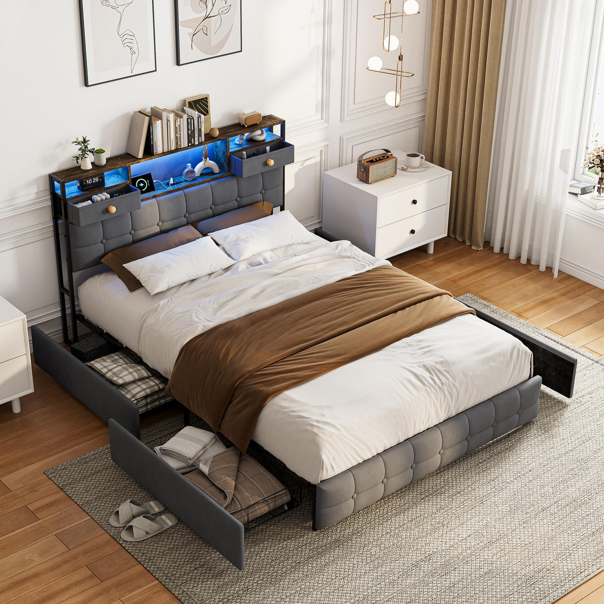 POLSTERBETT 140x200 cm mit LED, USB & 4 Schubladen, Grau - Grau, Metall (140/200cm) - EuroLiving