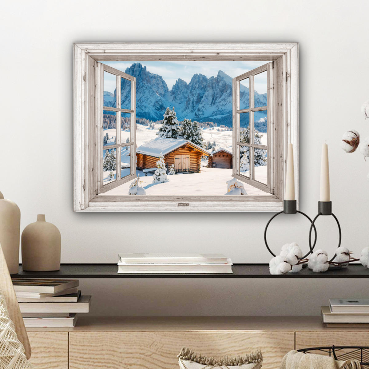 LEINWANDBILD Winterlandschaft - Hütte - Berge - Ausblicke - Aussicht - Natur Wandbild 40x30 cm - Weiß Hochglanz, Textil (40/30cm) - MuchoWow
