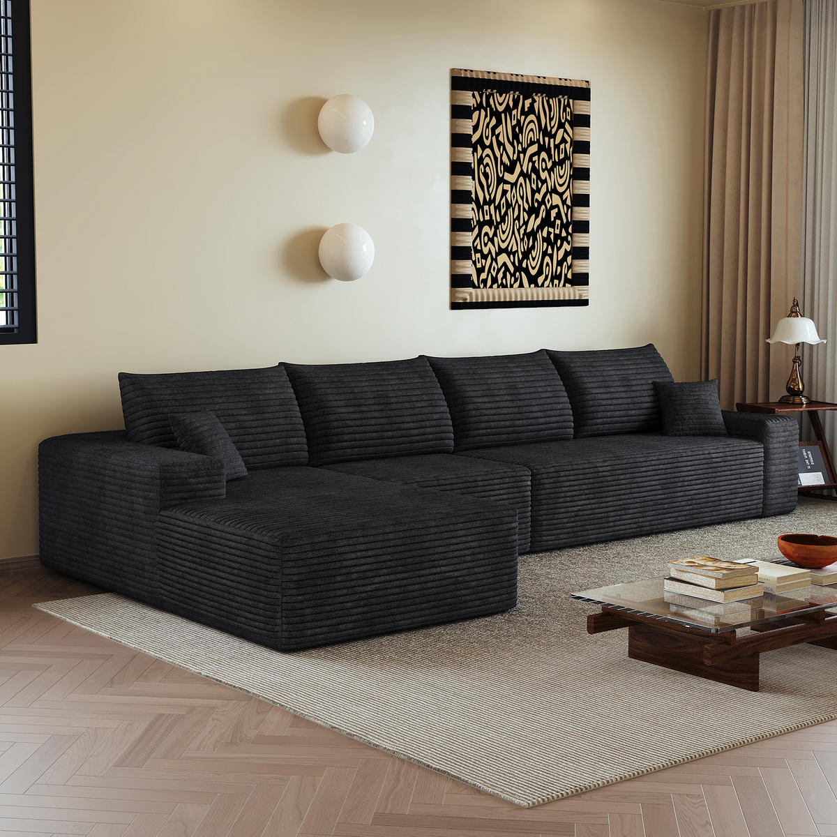ECKSOFA 340/175/83 cm Schwarz mit L-förmiger Chaiselongue, Linke Seite - Schwarz, Textil (340/175cm) - Oxeza
