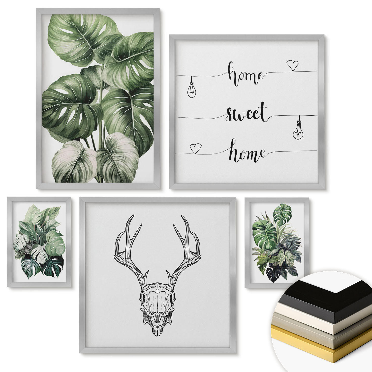 WANDBILDER 5er Set - 50x50 cm & 20x30 cm & 40x60 cm Silberner Rahmen - Ausblicke auf Berge, Flüsse und Wasserfälle - Silberfarben, Kunststoff (40/60cm) - ArtPrintCave