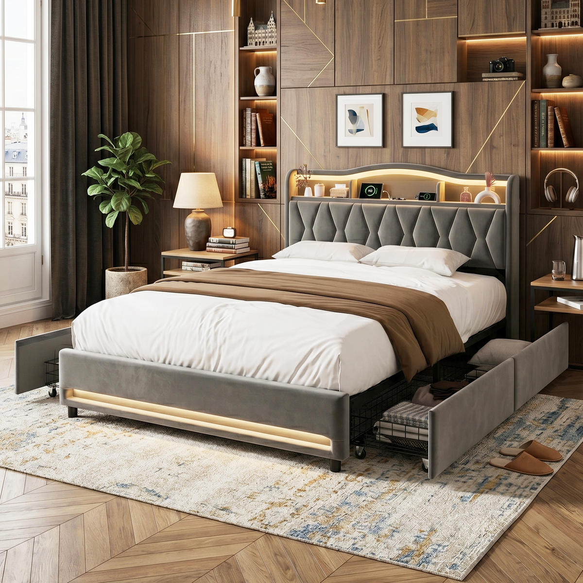 POLSTERBETT Geometrisch 140/200 cm mit 4 Schubladen & App-LED Samtoptik Grau - Grau, Textil (140/200cm) - Creahappy