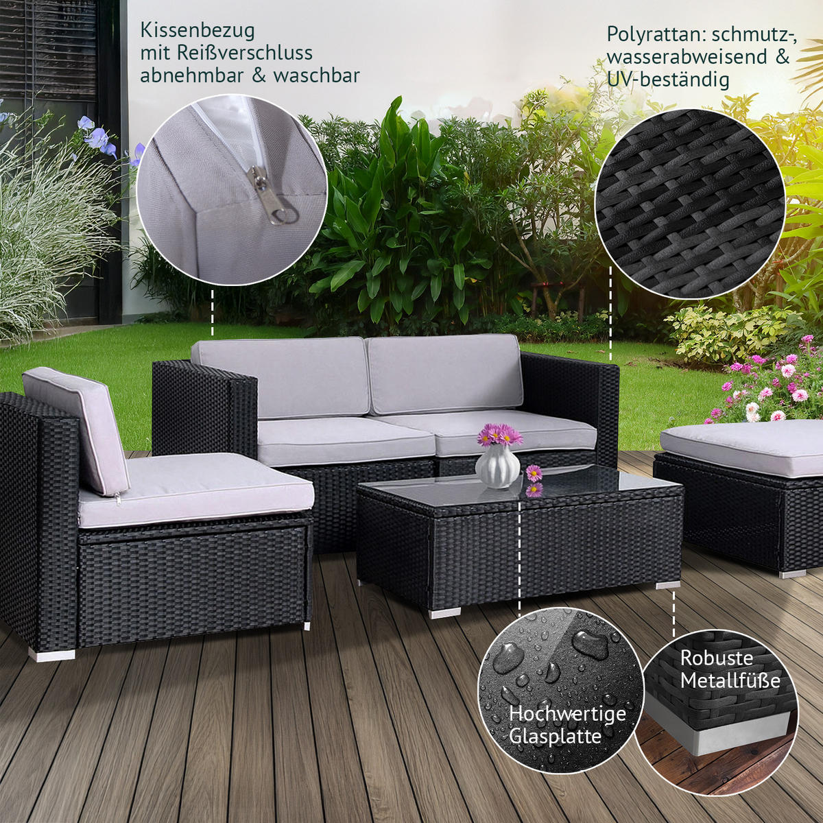 GARTENLOUNGE Polyrattan - Schwarz, Kunststoff - SVITA