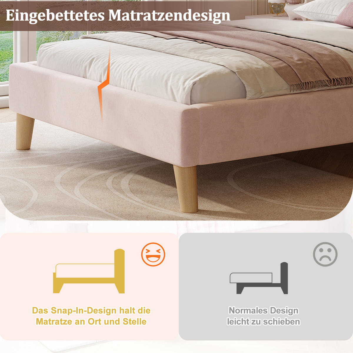 KINDERBETT 90/200 cm mit Lattenrost, höhenverstellbarem gepolstertem Kopfteil und Massivholzbeinen aus Samt, Rosa - Rosa, Textil (90/200cm) - Redom