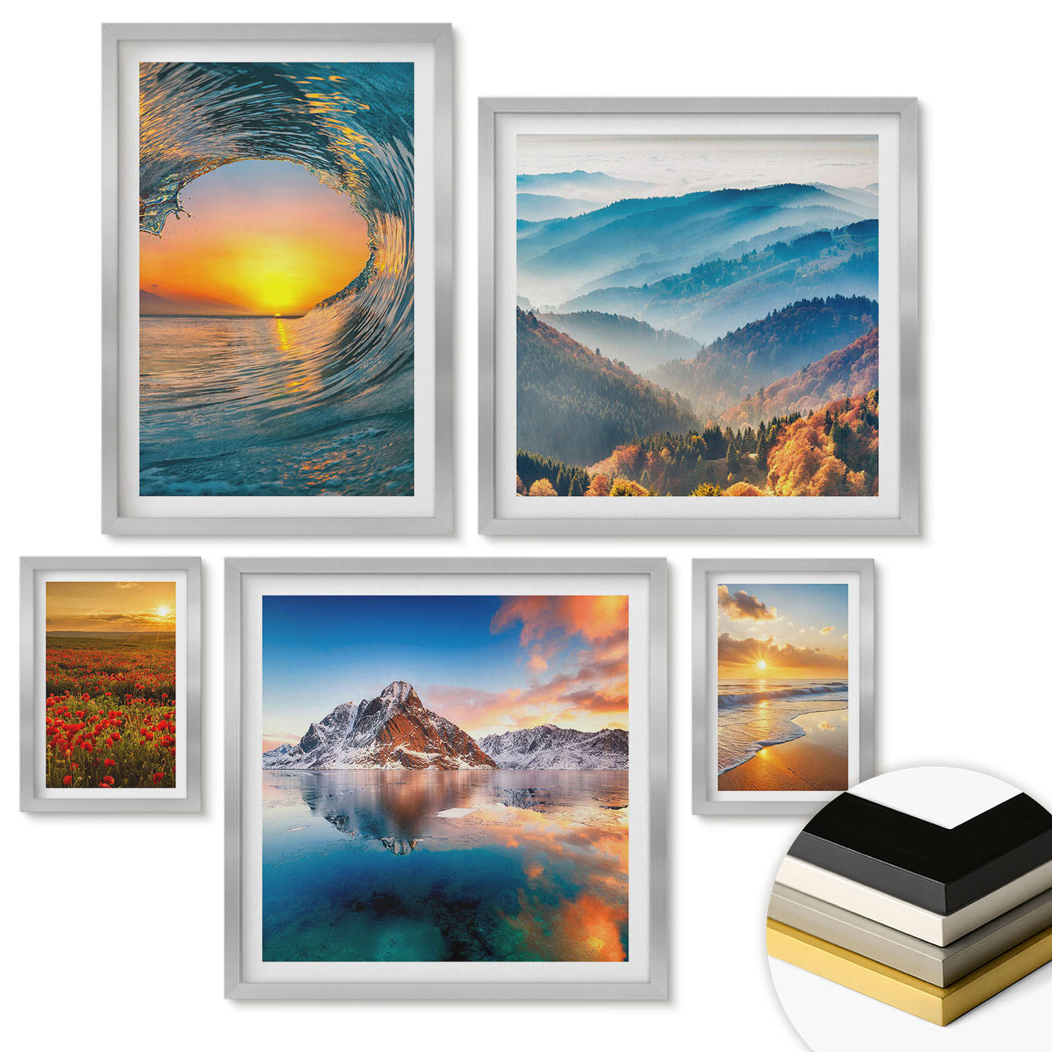 WANDBILDER 5er Set - 50x50 cm & 20x30 cm & 40x60 cm Silberner Rahmen - Landschaften aus Bergen und Meeren im Westen - Silberfarben, Kunststoff (40/60cm) - ArtPrintCave