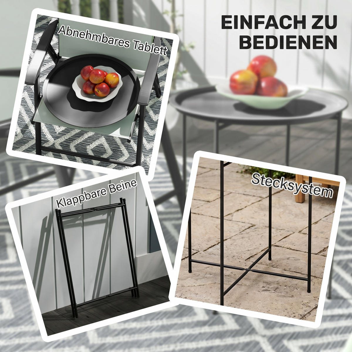 GARTENBEISTELLTISCH DE-14118 mit abnehmbarer Platte Schwarz - Schwarz, Metall (46/46/53cm) - ComfortXL