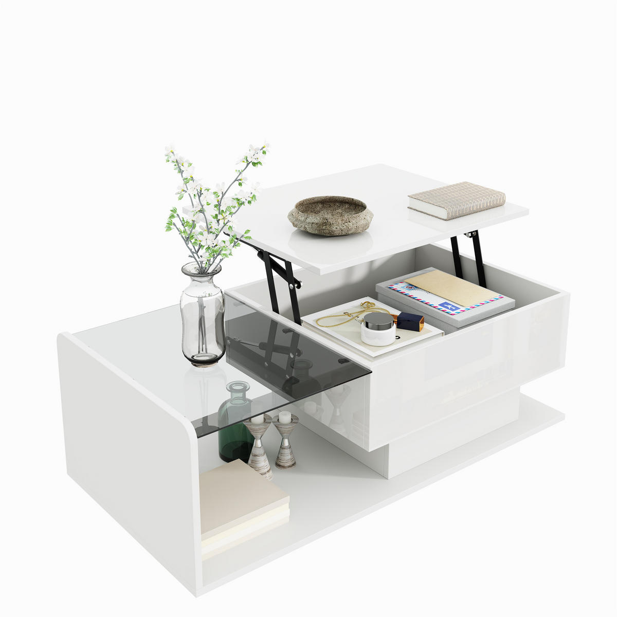 COUCHTISCH 100/50/33/47,5 cm Weiß aus Holzwerkstoff mit höhenverstellbarer Glasplatte und LED-Lichtleiste - Weiß, Holzwerkstoff (100/50/33cm) - OKWISH