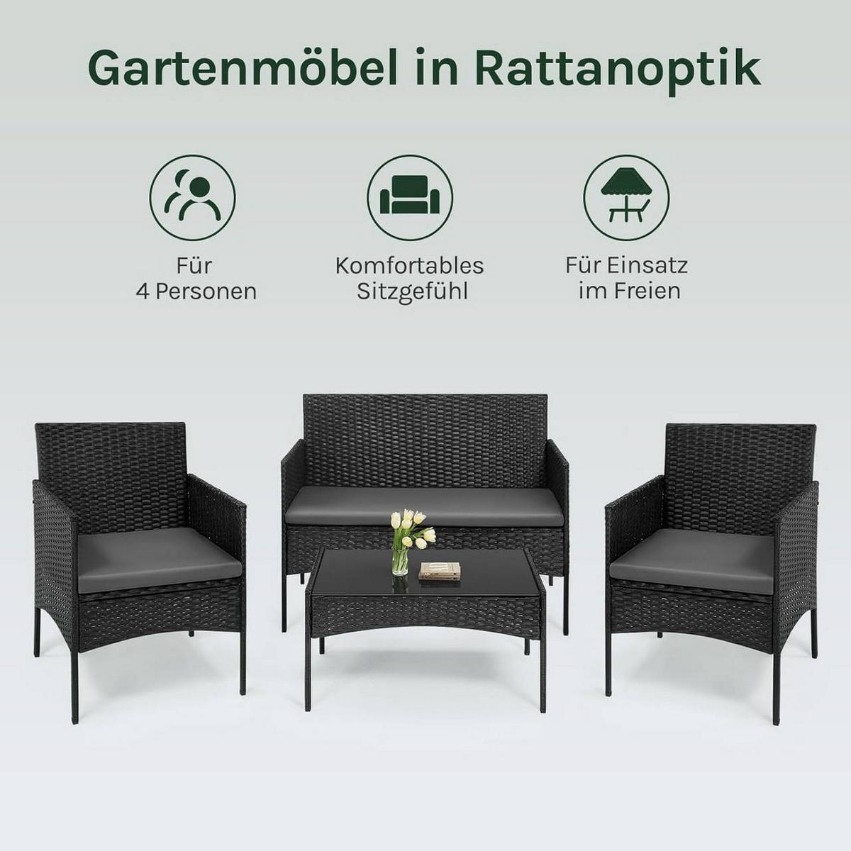 GARTENMÖBEL-SET Sicherheitsglas, Schwarz - Schwarz, Glas/Kunststoff - Woltu