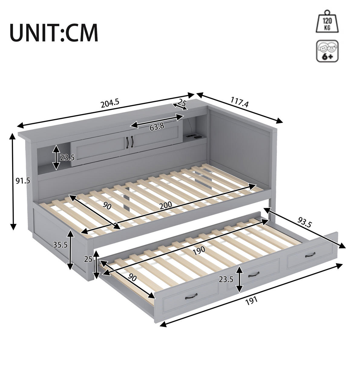 POLSTERBETT aus Spanplatte & MDF 90x200 cm in Grau mit LED, Ausziehbett & USB - Grau, Holzwerkstoff (90/200cm) - Modfu