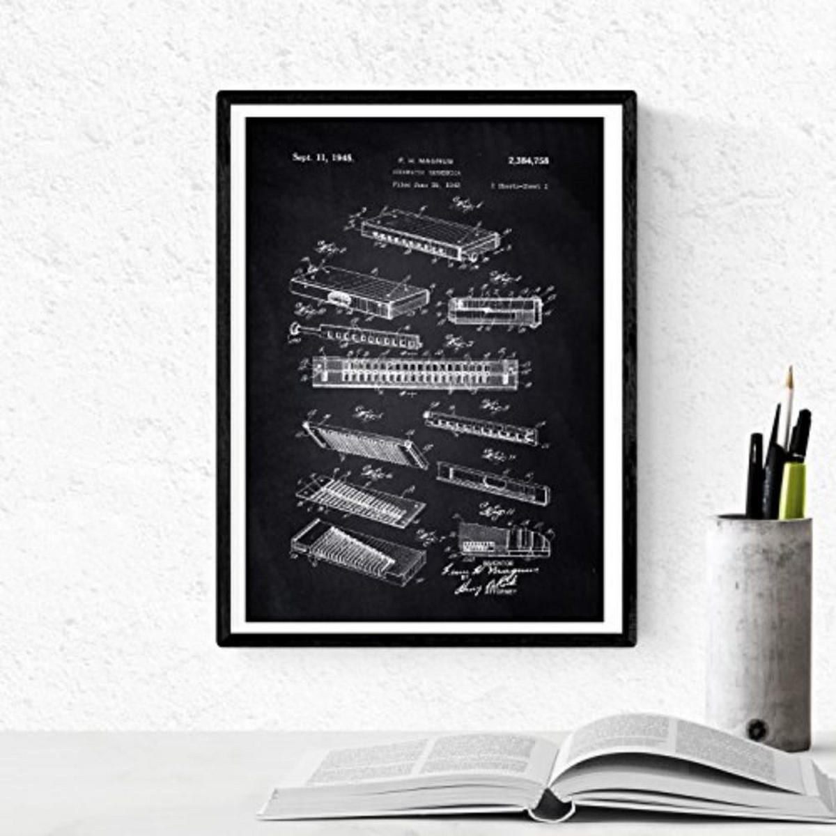 POSTER Set mit 4 Schwarz Patent für Musikinstrumente A4 Schwarzer Rahmen - Schwarz, Papier (29.7/3cm) - Nacnic