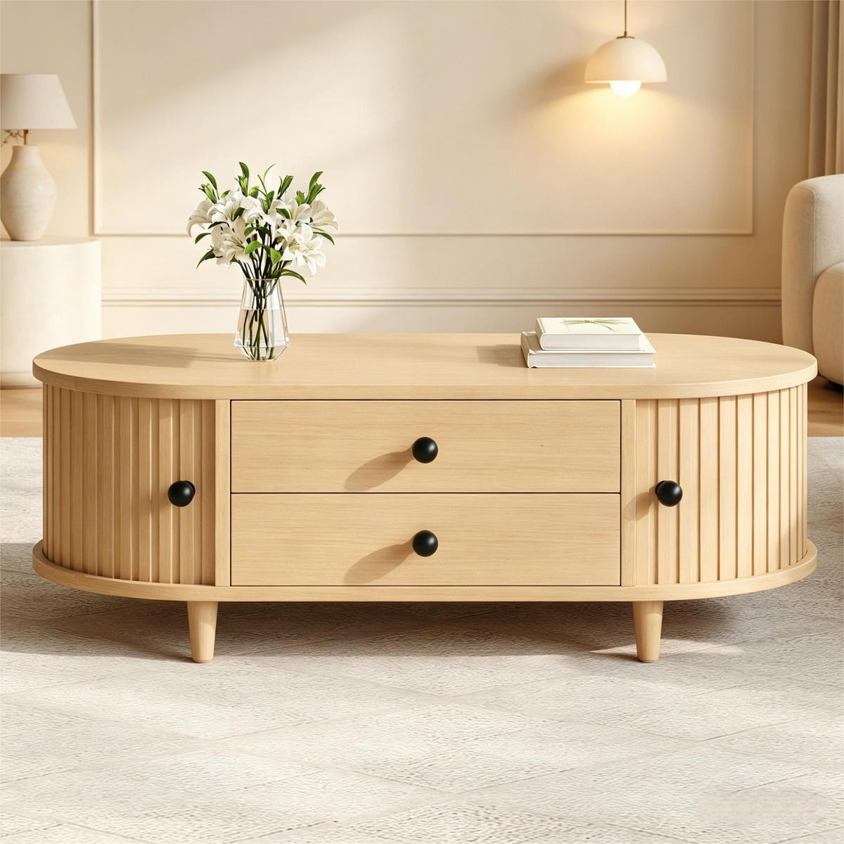 COUCHTISCH in Holzoptik Runder Kaffeetisch mit Rolltüren und Schubladen, Massivholzbeinen, 100/50/36 cm - Hellbraun, Holzwerkstoff (50/100/36cm) - STILVORA