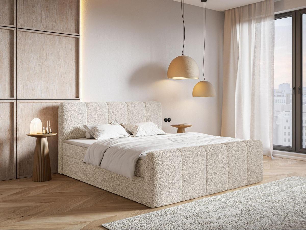 BOXBETT Cloudy II mit Bettkästen und Topper Bouclé Hellbeige, 200x200 cm - Ecru/Schwarz, Kunststoff/Textil (200/200cm) - Selsey