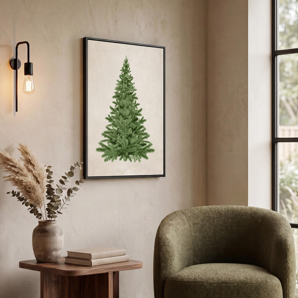 LEINWAND Bilder mit Rahmen - Weihnachtsbaum - Grün - Weihnachten - Feiertage - 50x70 - Olivgrün, Textil (50/70cm) - MuchoWow