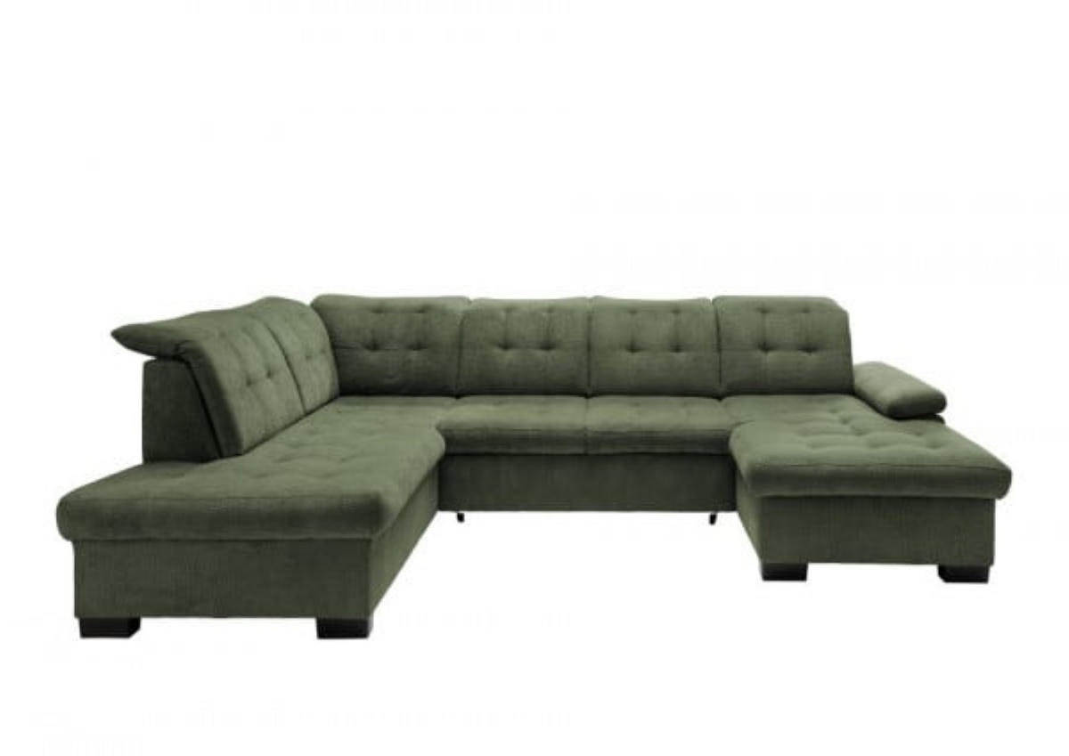 WOHNLANDSCHAFT mit Schlaffunktion und Bettkasten, verstellbare Kopflehnen - Schwarz/Grün, Kunststoff/Textil (305/163/216cm) - myHomelando