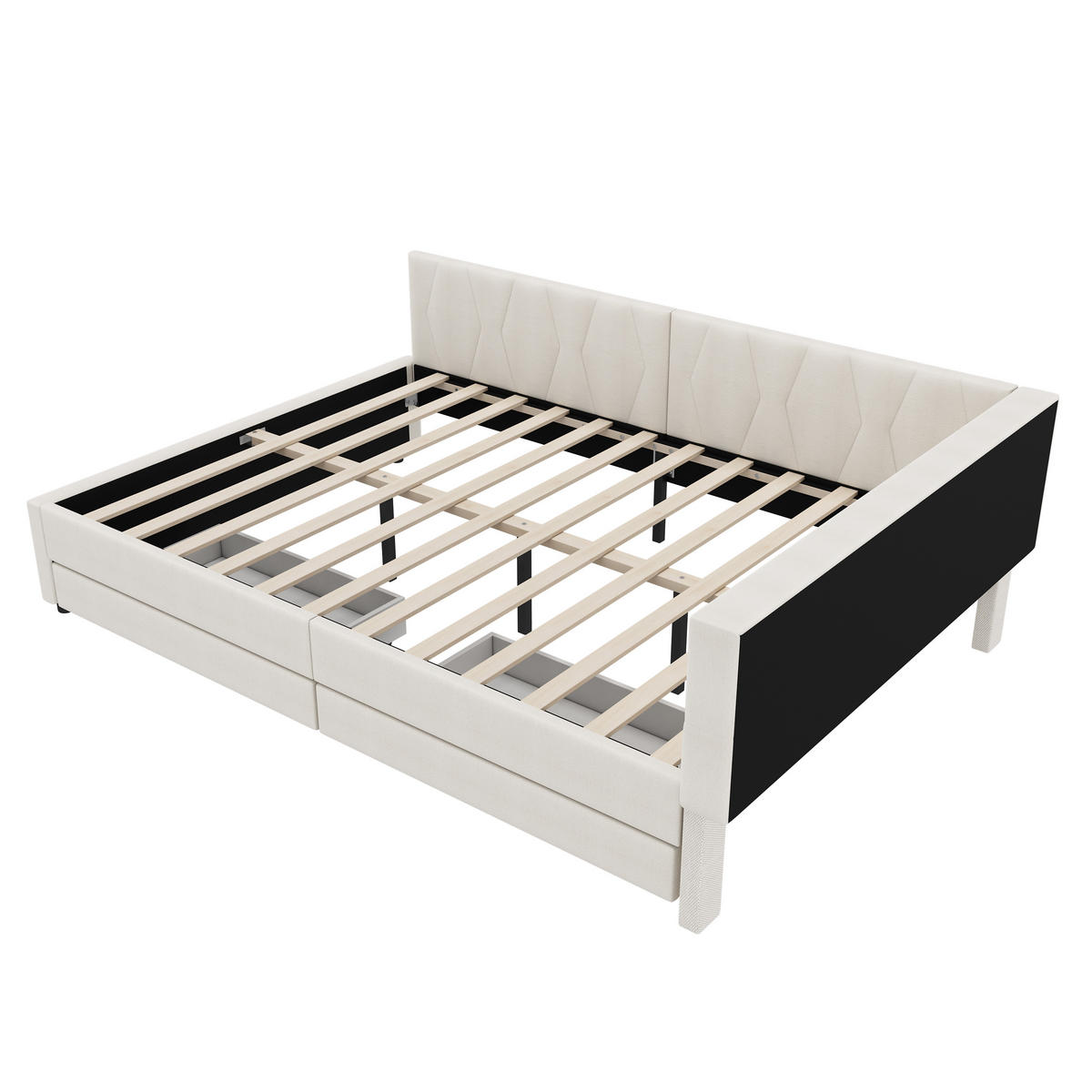 TAGEBETT 140x200cm Beige Leinen USB-C LED-Licht 2 Schubladen - Beige, Holz (140/200cm) - FLIEKS