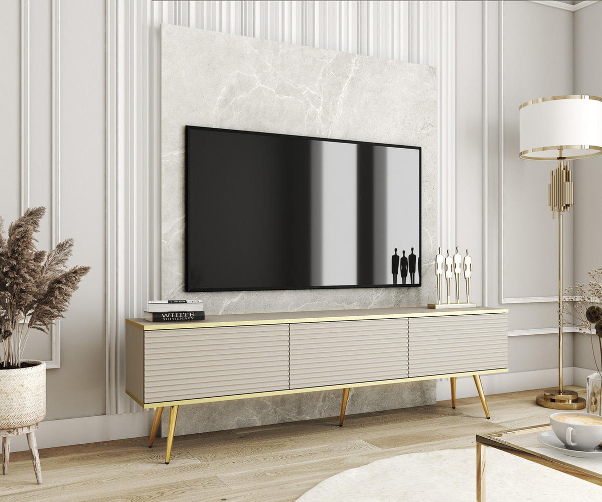TV-BOARD FORNO (Beige, Rillenfront, Goldene Details, 3 Klapptüren, goldene Metallfüße, 175 cm) - Gelb/Beige, Holz/Holzwerkstoff (175/53/32cm) - Ravio