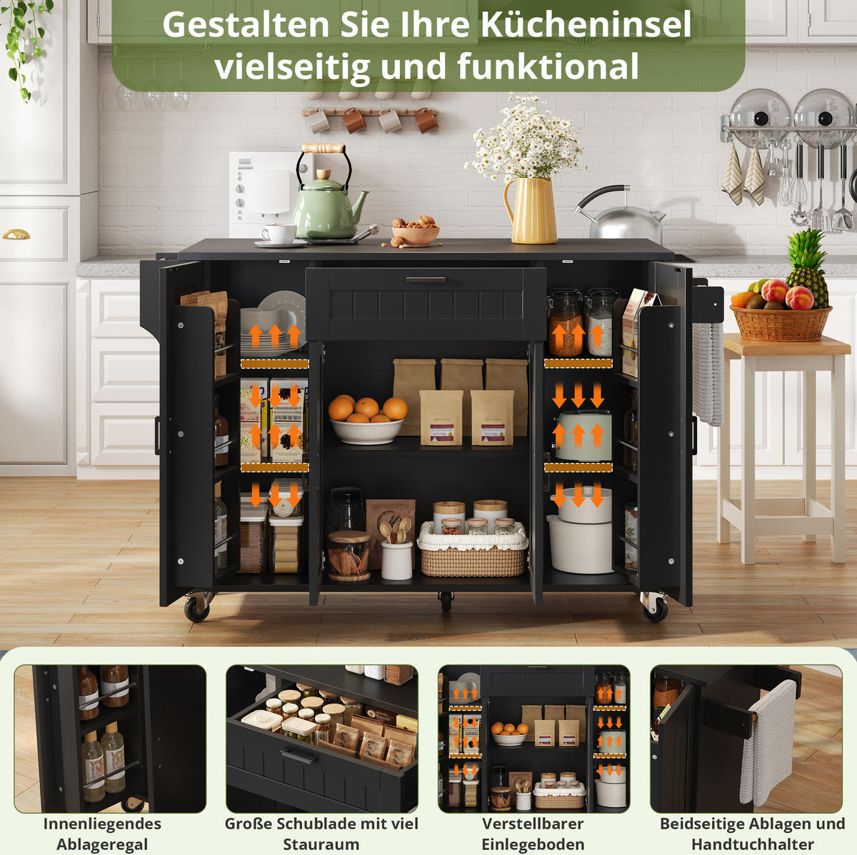 KÜCHENINSEL 120/45(70)/95 cm in Schwarz mit klappbarer Platte und Rollen - Schwarz, Holzwerkstoff (120/95/70cm) - Flora Grace