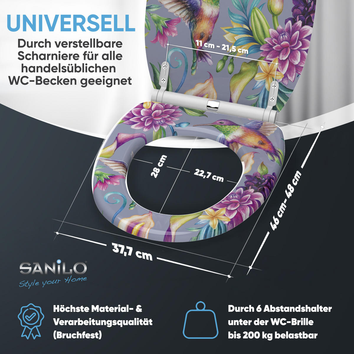 WC-SITZ mit Absenkautomatik & Top Fix Kolibri - Violett, Holzwerkstoff (37.7/5.5/48cm) - Sanilo