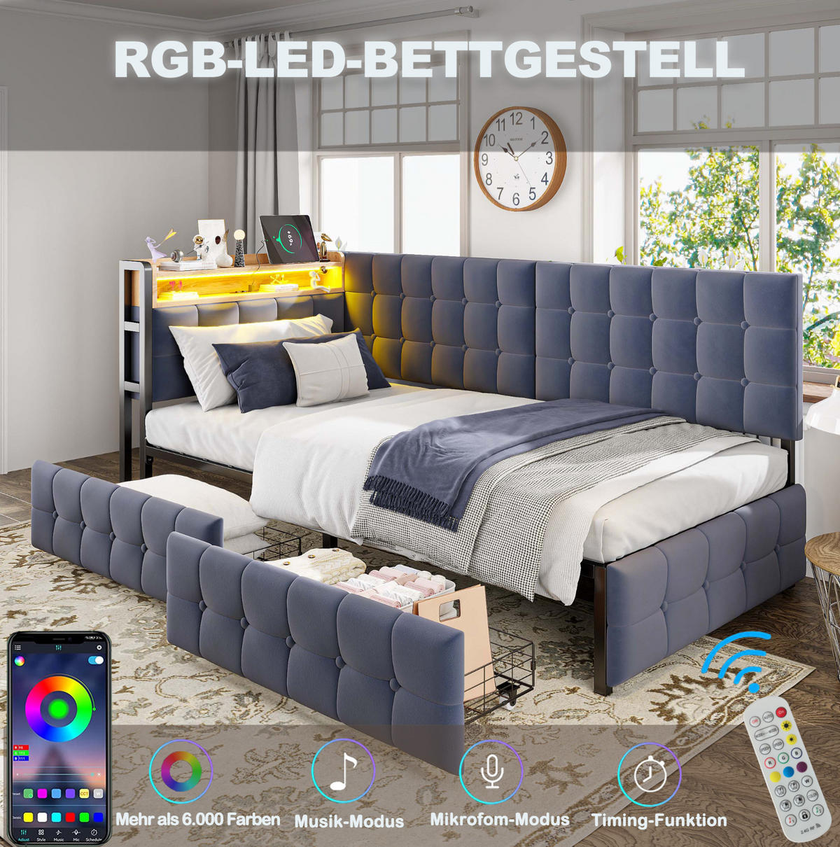 POLSTERBETT 90/200 cm Grau aus Stoff mit 2 Schubladen - Grau, Textil (90/200cm) - OKMYHOME