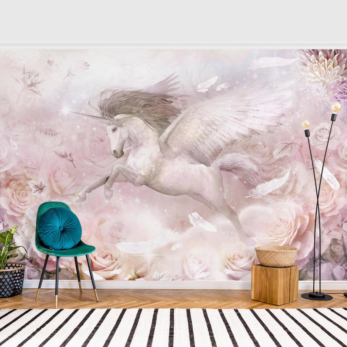 FOTOTAPETE Pegasus Einhorn mit Rosen 432/290 cm - Rosa, Papier (432/290cm) - Bilderwelten