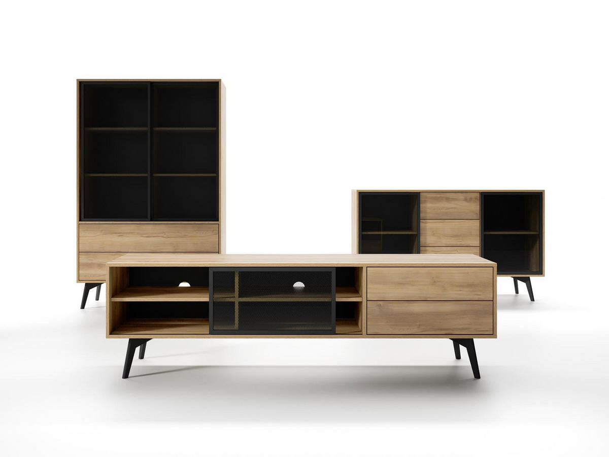 RTV-SCHRANK Swift Golden Eiche, TV-Tisch mit Schubladen - Schwarz/Braun, Holzwerkstoff (180/54/39cm) - Bettso