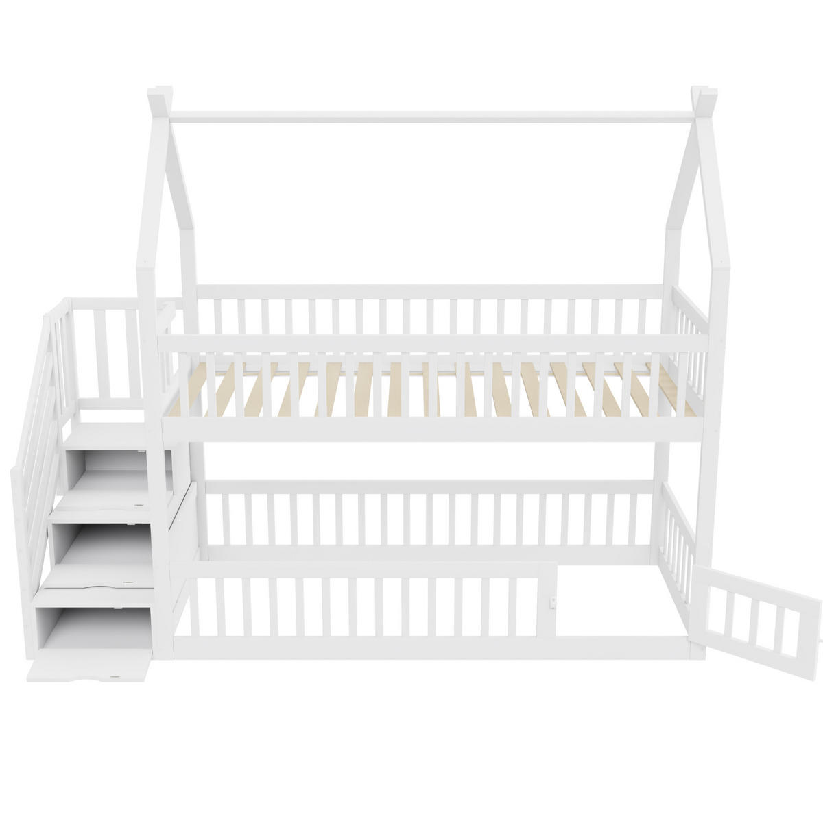 ETAGENBETT 90/200 cm mit Hausdach, Sicherheitstreppe und Schubladen, Weiß - Weiß, Holzwerkstoff (90/200cm) - Redom