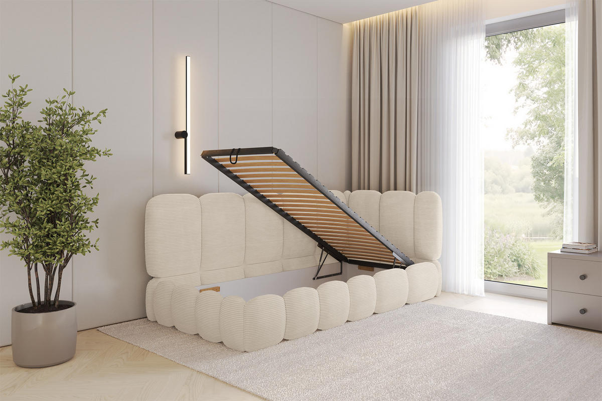 EINZELLBETT Jugendbett mit Bettkasten und Matratze H3/H4, Links - AVRY 80x200 Beige - Creme, Holzwerkstoff/Textil (80/200cm) - ALTDECOR