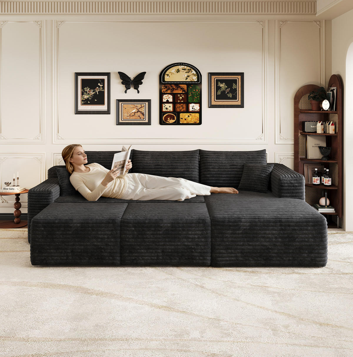 ECKSOFA 241/151/58 cm Schwarz aus Stoff mit Cordbezug und ohne Montage - Schwarz, Textil (151/241cm) - OKWISH