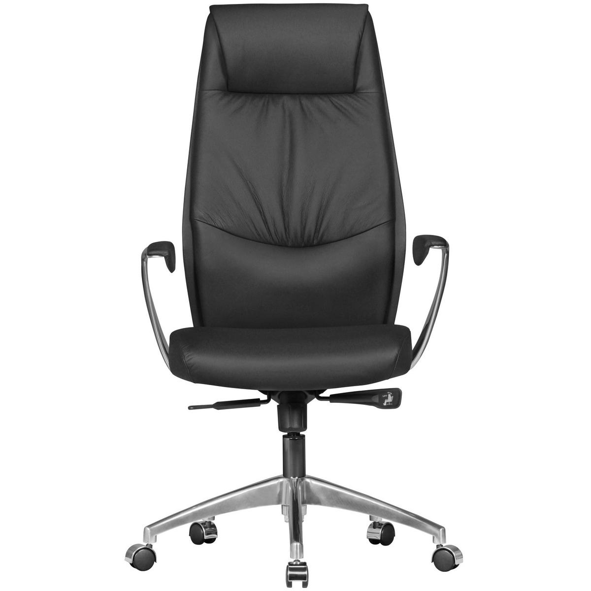 CHEFSESSEL Echtleder mit 3-Stufen-Synchronmechanik und Aluminiumfußkreuz TEMZA, Schwarz 67x58x125 cm - Silberfarben/Schwarz, Leder/Metall (67/125/58cm) - KADIMA DESIGN