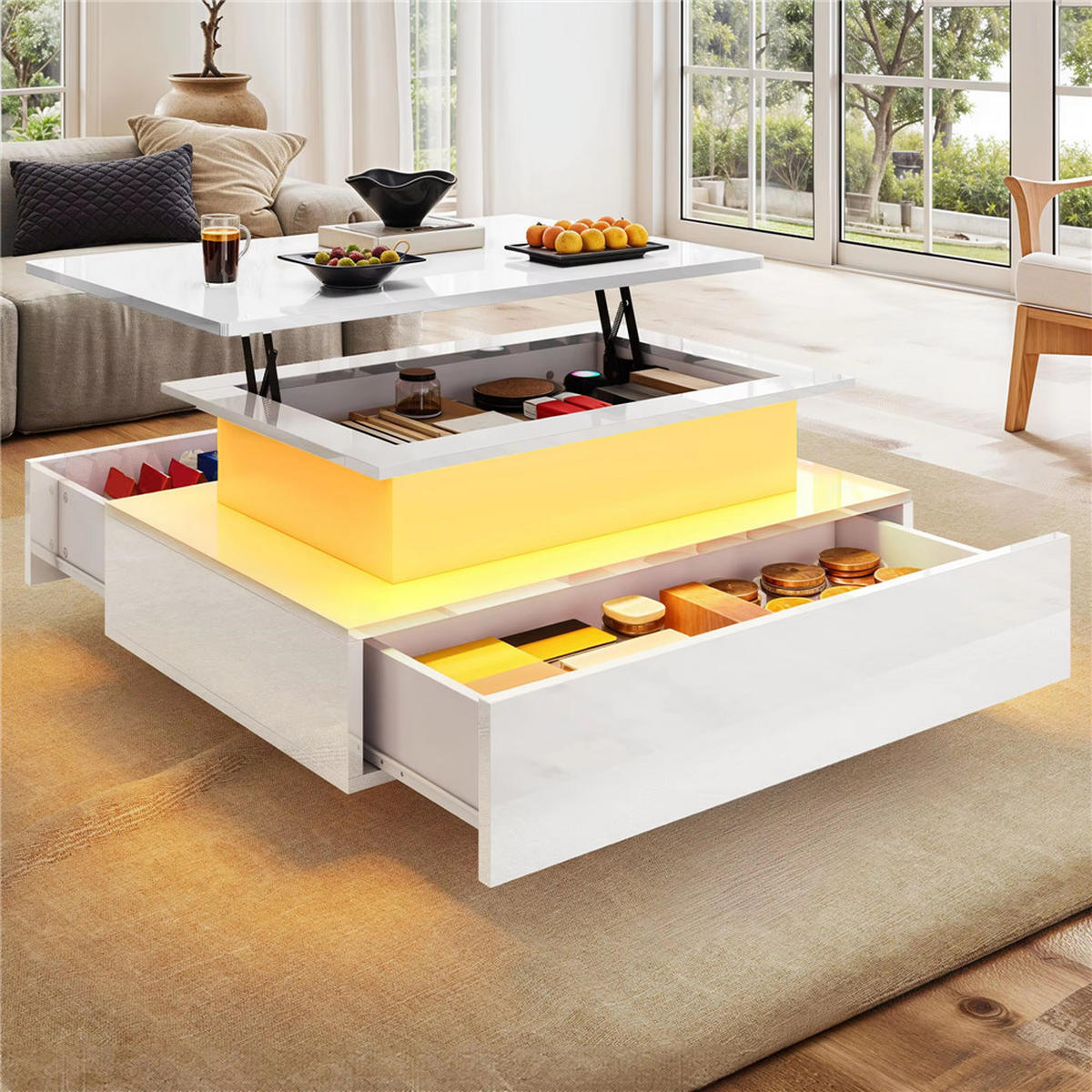 COUCHTISCH Lift-Top LED 16 Farben 2 Schubladen Weiß modern - Weiß, Holz (55/85/56cm) - Kaket