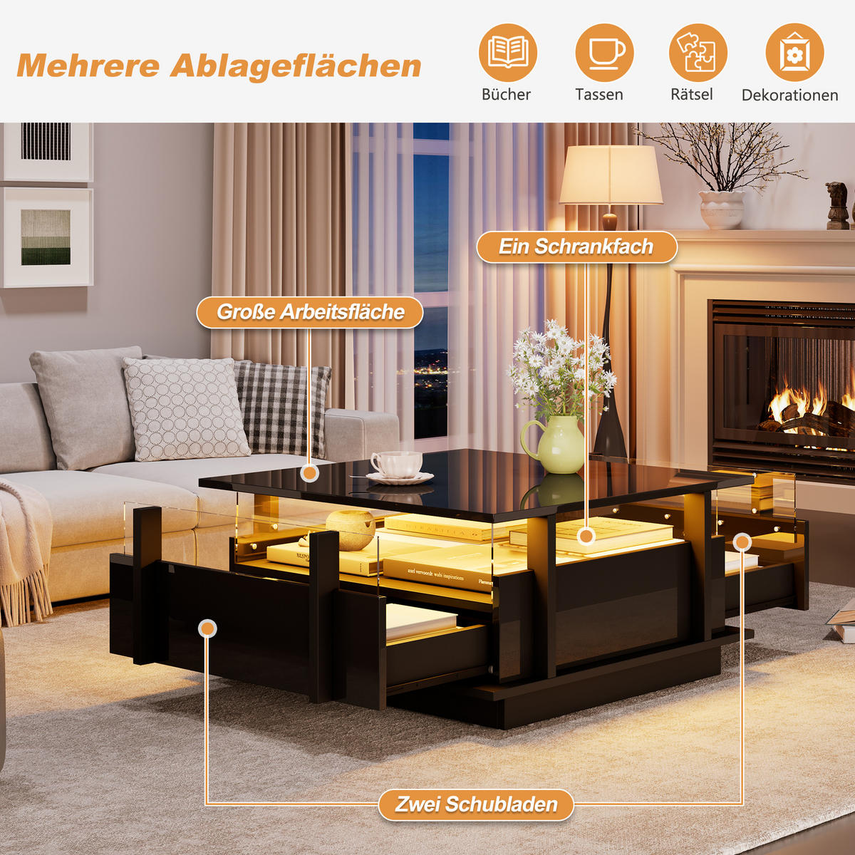 COUCHTISCH in Schwarz Sofatisch Hochglanz mit 2 Schubladen,LED & Acryl-Trennwand, Sofatisch für Wohnzimmer,B70/T70/H35cm - Schwarz, Holzwerkstoff/Metall (70/70/35cm) - STILVORA