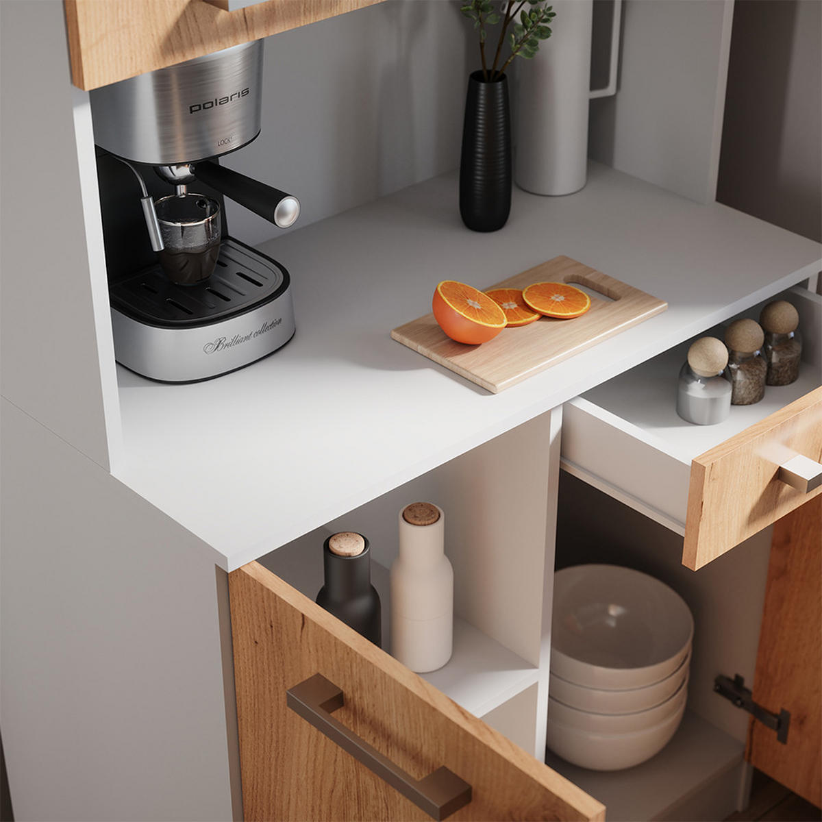 KÜCHENBUFFET Raul Weiß/Goldkraft Eiche 83.6 x 188.5 cm mit 4 Türen & 1 Schublade - Honigeiche/Eiche Wotan, Holzwerkstoff (83.6/188.5/46cm) - Vicco