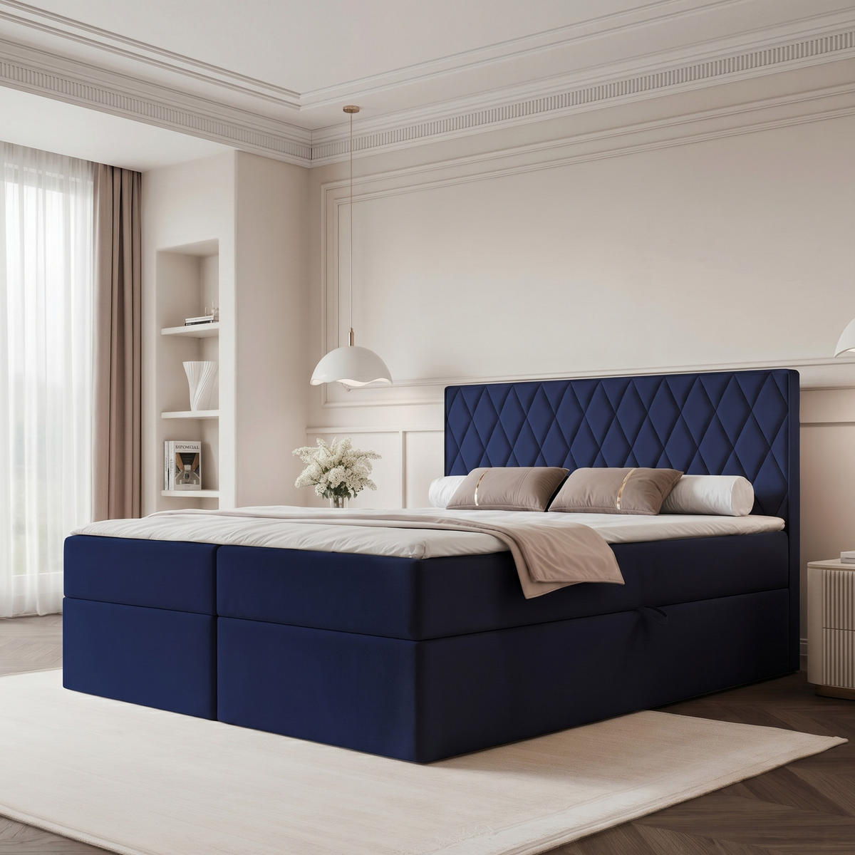 BOXBETT PONTI 160x200 cm Marineblau (Samt) - mit 2 Bettkästen, Bonellmatratze und vertikaler Rautensteppung - Dunkelblau, Holzwerkstoff/Textil (160/200cm) - Ravio