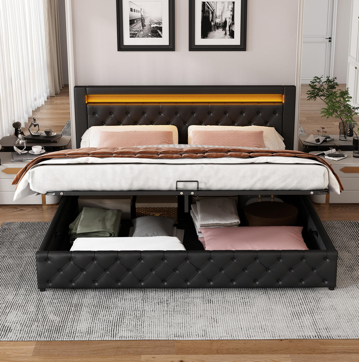 POLSTERBETT 140/190 cm Schwarz mit Stauraum und LED-Beleuchtung aus PU - Schwarz, Kunststoff (140/190cm) - OKWISH