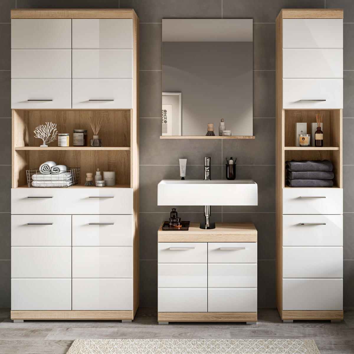 BADMÖBEL-SET weiß Hochglanz, Eiche 4-teilig 186 cm, viel Stauraum - Weiß Hochglanz/Eichefarben, Holzwerkstoff (186/191/34cm) - Inn.Furn