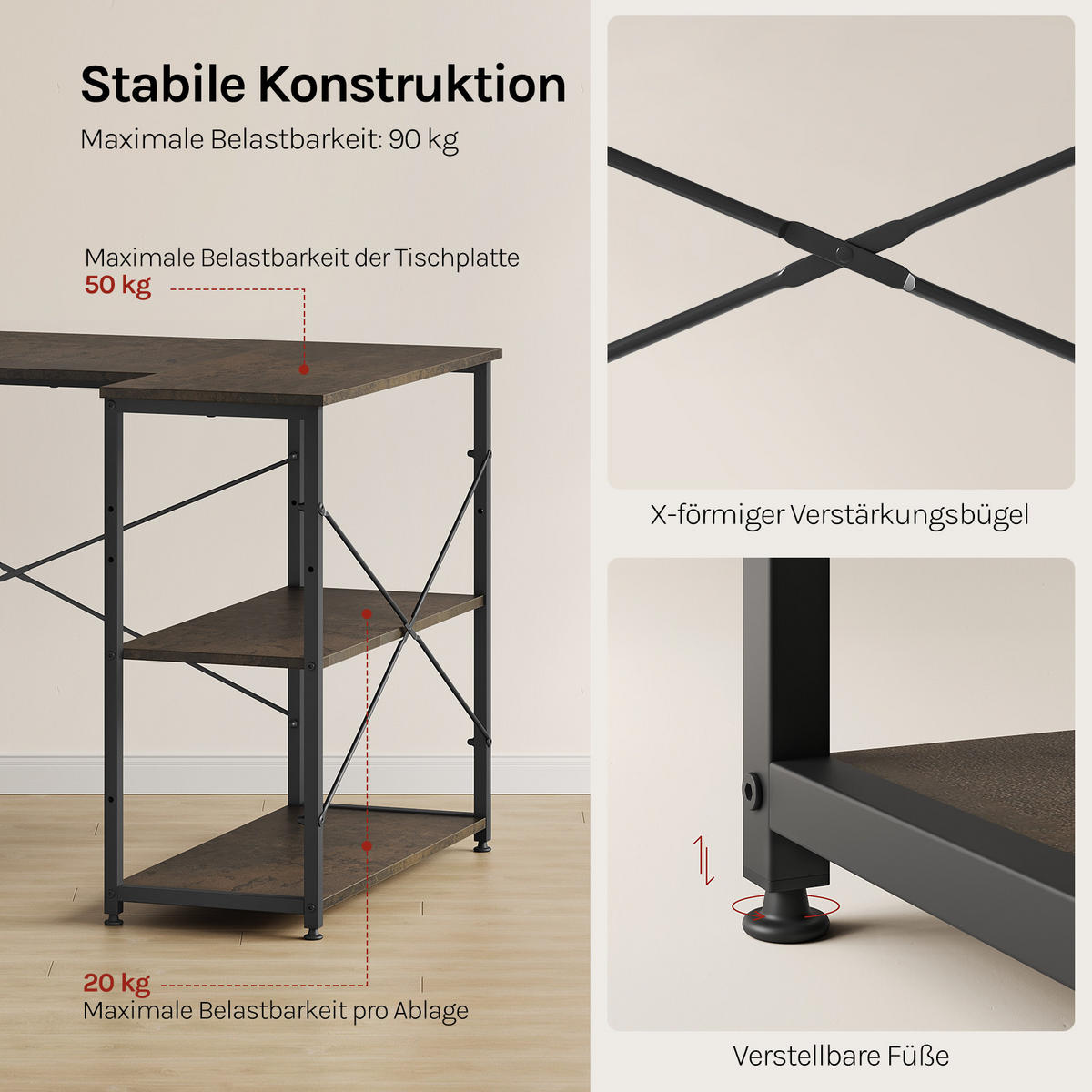 SCHREIBTISCH mit 2 Ablagen,120x74x71,5 cm, Schwarz-Rostfarbe - Rostfarben/Schwarz, Holzwerkstoff/Metall (74/120/71.5cm) - Woltu