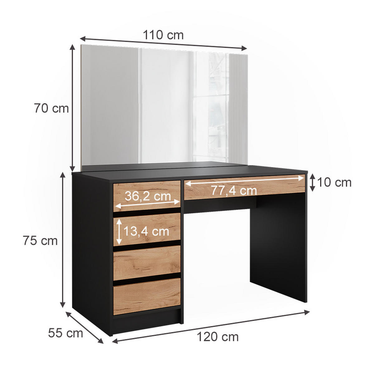 SCHMINKTISCH Sherry Anthrazit/Goldkraft Eiche 120 x 75 cm mit Spiegel - Anthrazit/Eiche Wotan, Holzwerkstoff (120/75/55cm) - Vicco
