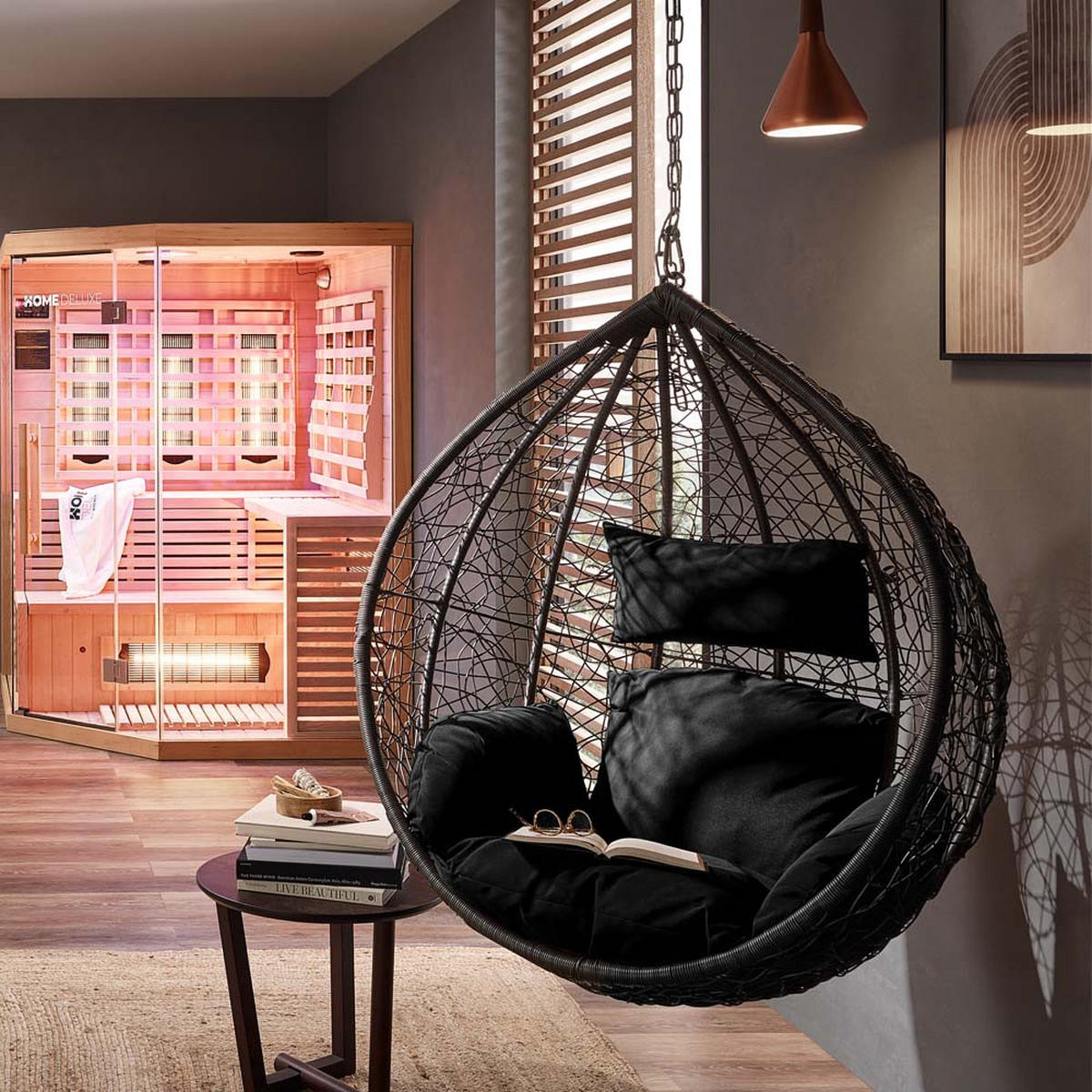 HÄNGESESSEL CIELO - Farbe: Schwarz, Ausstattung: Mit Regenabdeckung - Schwarz, Kunststoff (104/200/104cm) - Home Deluxe