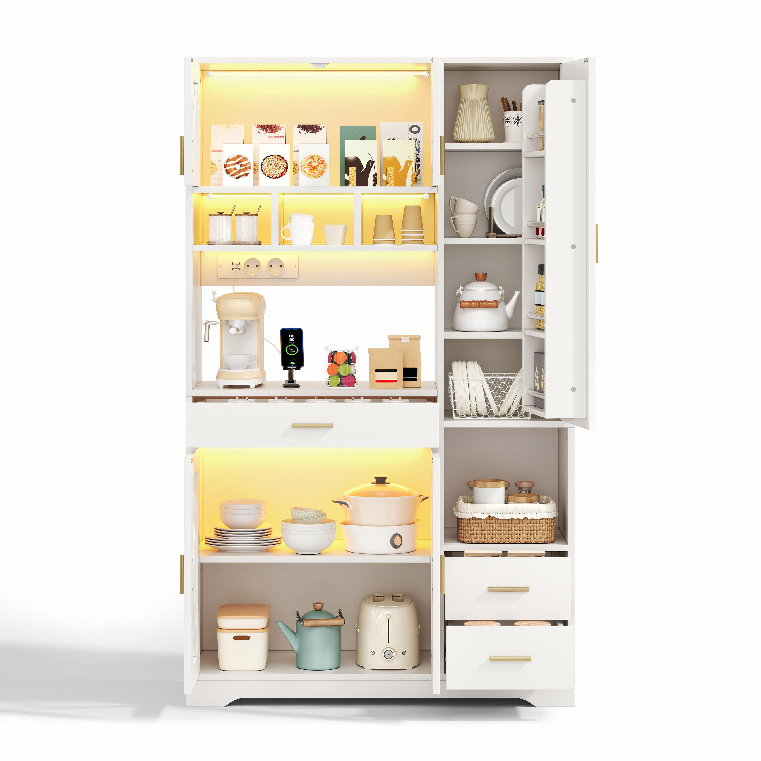 BUFFET Küchenschrank mit Glastüren & vielseitigem Stauraum, 185/105/40 cm, Holzwerkstoff, ohne Farbangabe - Weiß, Glas/Holzwerkstoff (105/185/40cm) - EVRYAE