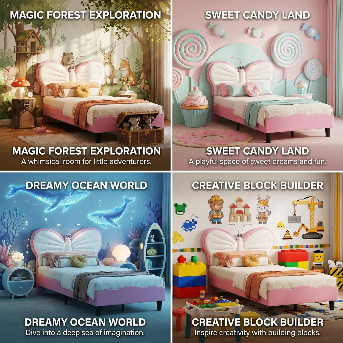 KINDERBETT Schmetterling mit LED-Leselampen 90/200 cm Samt Rosa - Pink, Textil (90/200cm) - Creahappy
