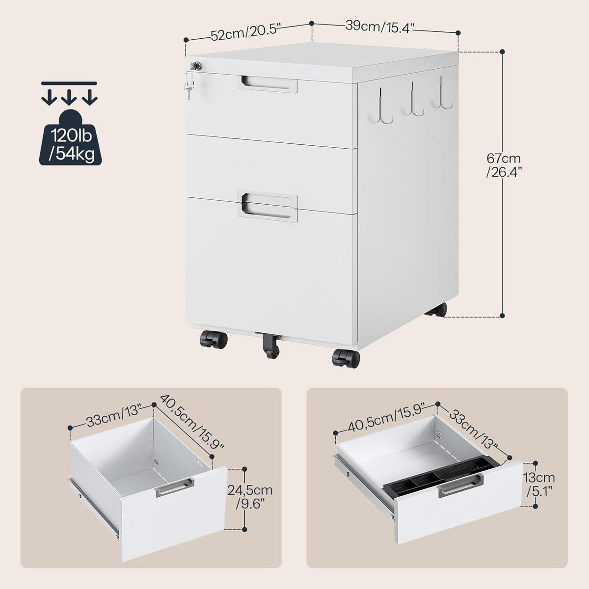 BÜROCONTAINER Weiß abschließbar, mit 3 Schubladen - Weiß, Metall (52/67/39cm) - Hoobro