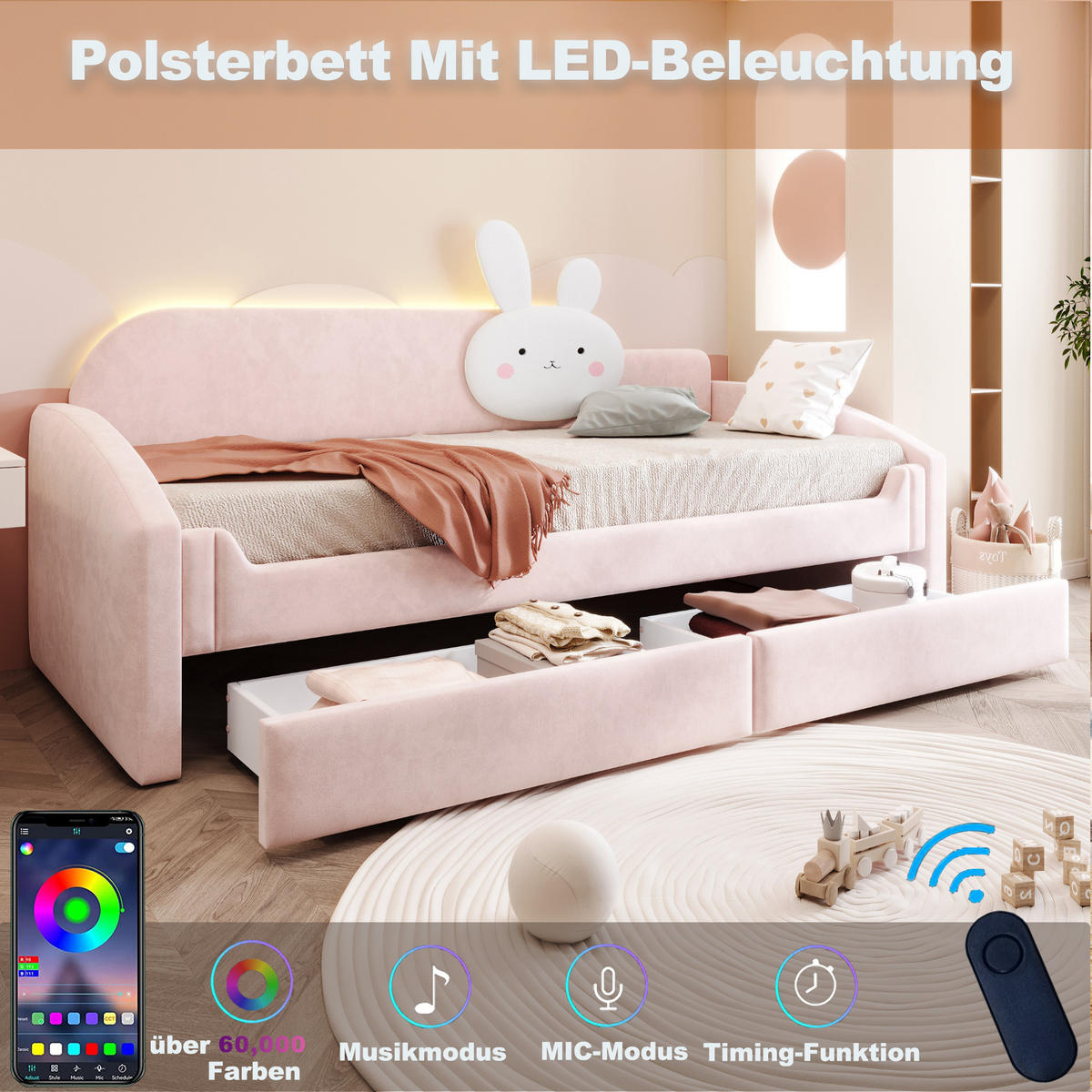 KINDERBETT 90/200 cm in Rosa mit 2 Schubladen, LED und Samt - Rosa, Holzwerkstoff/Textil - STILVORA