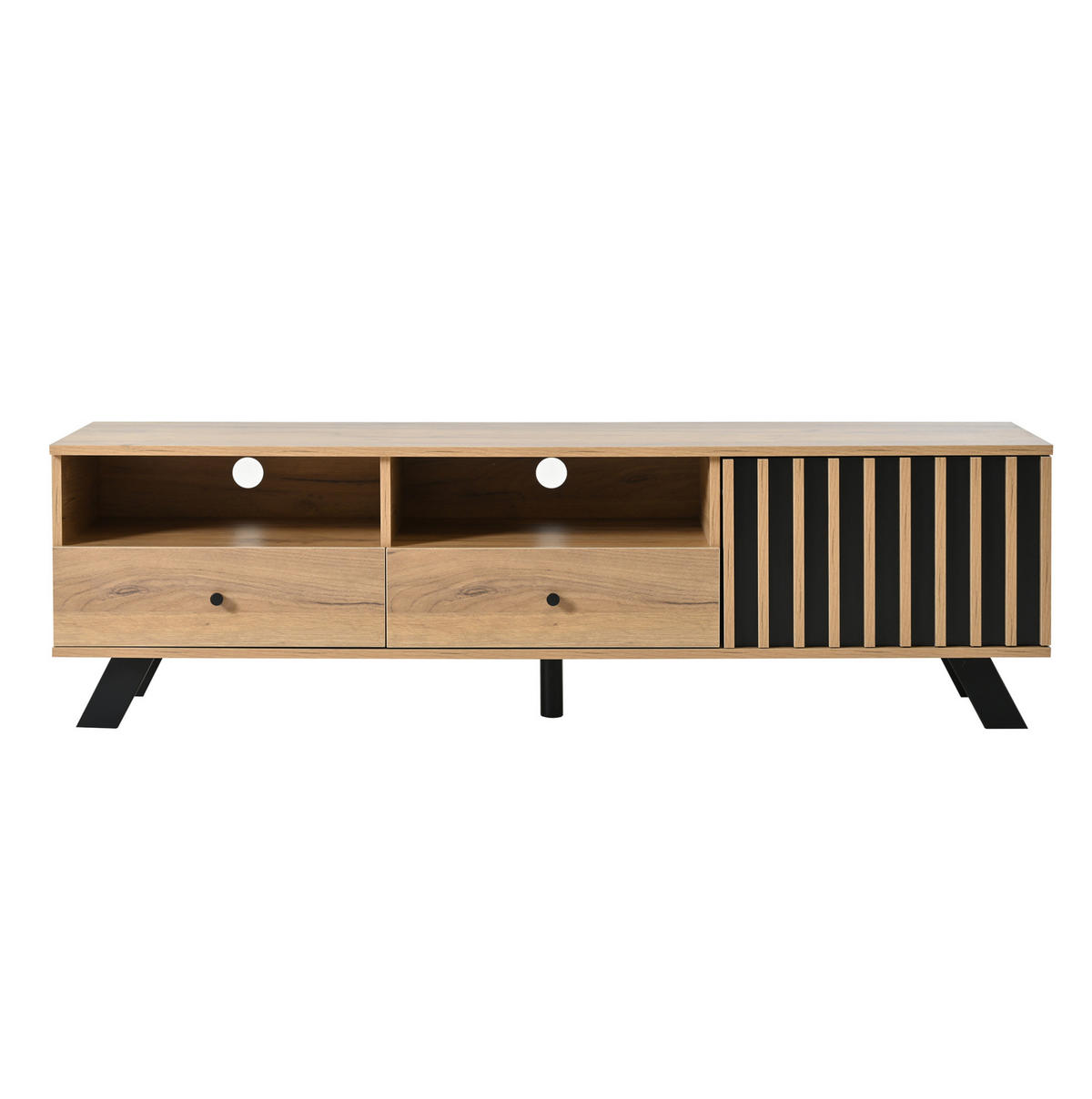 TV ormarić 150/38/44 cm prirodna boja drva i crni od iverice s 2 ladice i ormarićem - prirodne boje, drvni materijal (150/44/38cm) - OKWISH
