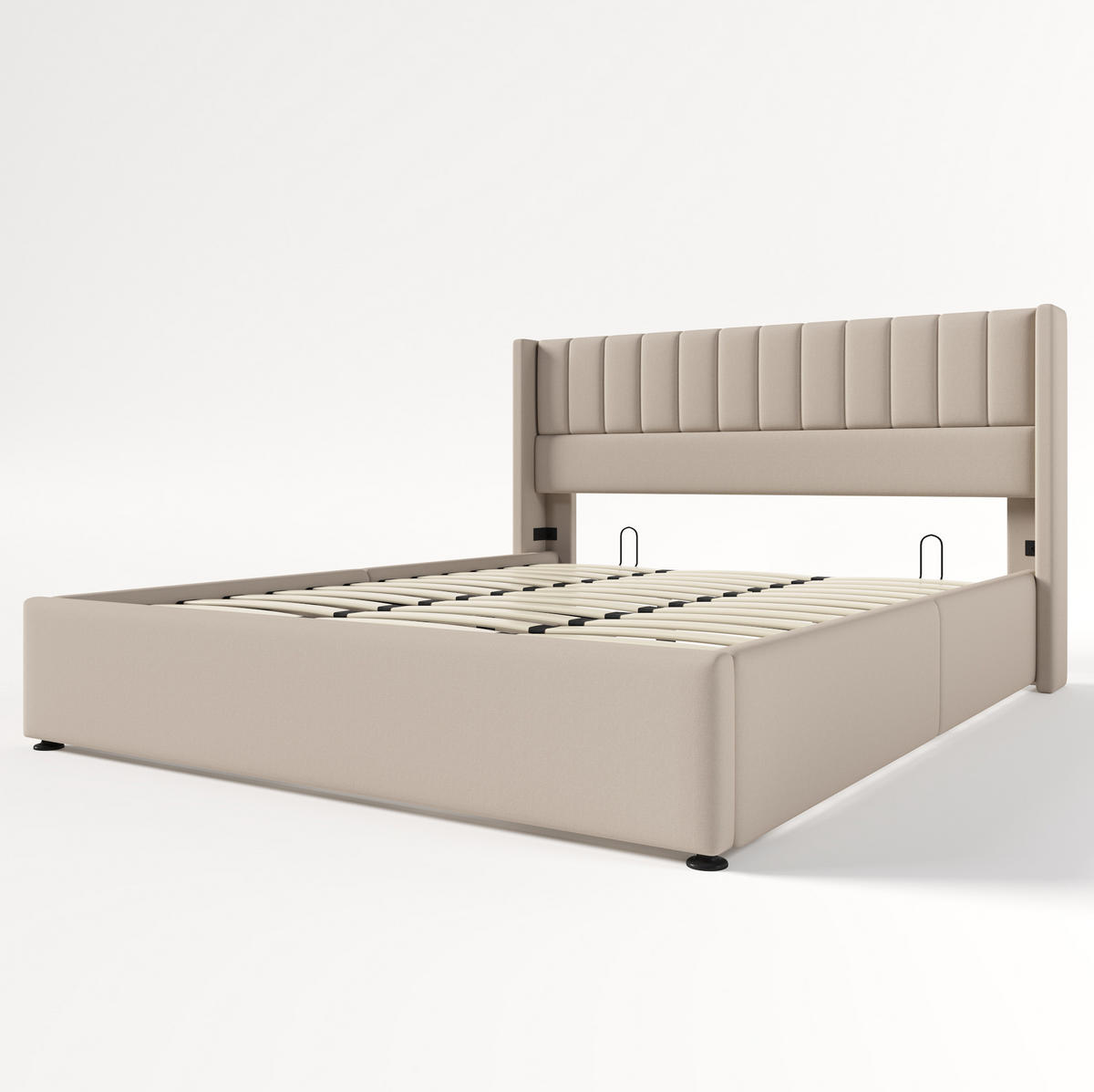 POLSTERBETT 180/200 cm mit hydraulischem Bettkasten, gepolstertem Kopfteil und Leinenbezug, Beige - Beige, Textil (180/200cm) - Redom