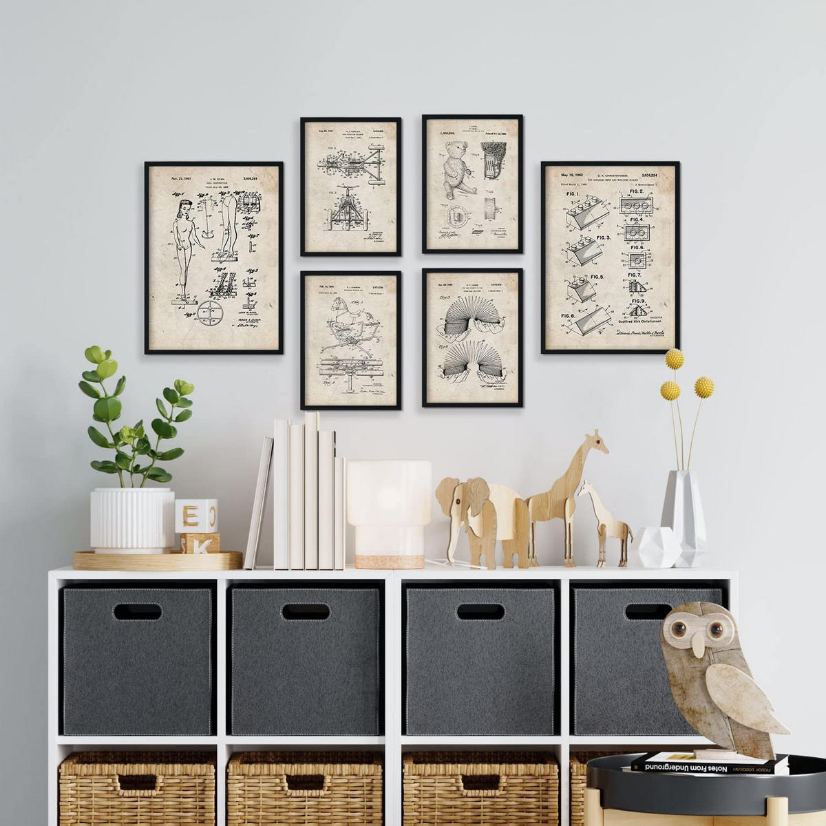 POSTER Set Mit 6 Plakaten Mit Spielzeuge Patenten Im Vintage Stil A3 & A4 Schwarzer Rahmen - Schwarz, Papier (29/3cm) - Nacnic