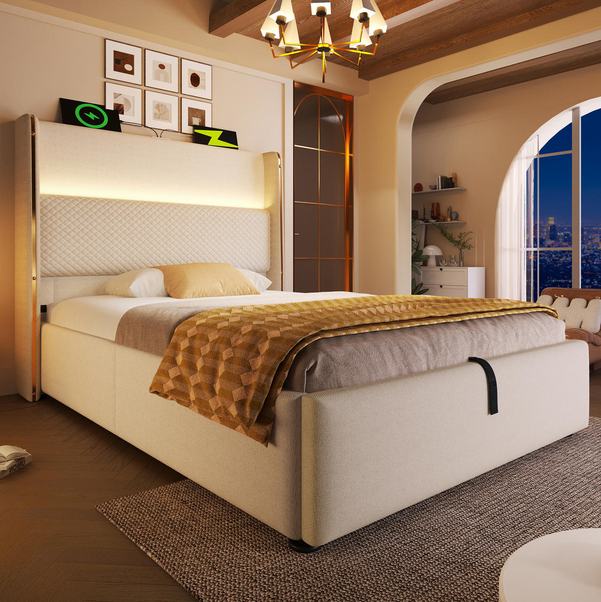 POLSTERBETT 90/200 cm in Beige mit Stauraum, LED-Beleuchtung und Matratze - Beige, Textil (90/200cm) - Flora Grace